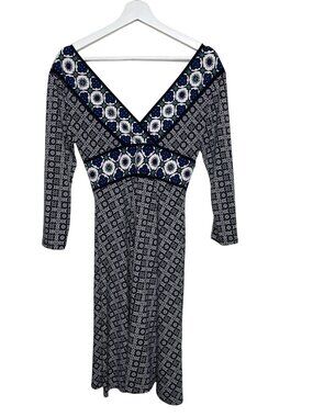 Maggy London Fit & Flare Dress Womens 4 Small Blue Black Print Work Career